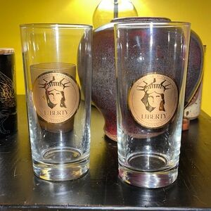2 - 1986 Authentic Materials Liberty glasses 1886 CENTENNIAL 1986 6.25”